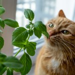 cat sniffing plant