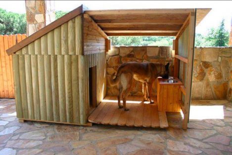 Shepherd dog in custom doghouse